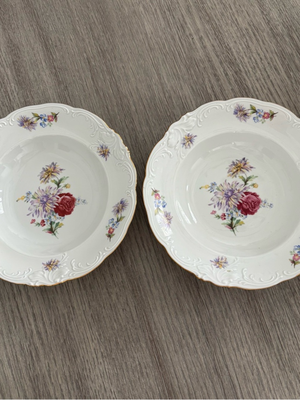 VNTG Walbrzych Poland Porcelain Rose Crest Raised Scroll Rim Soup Bowls Set of 2